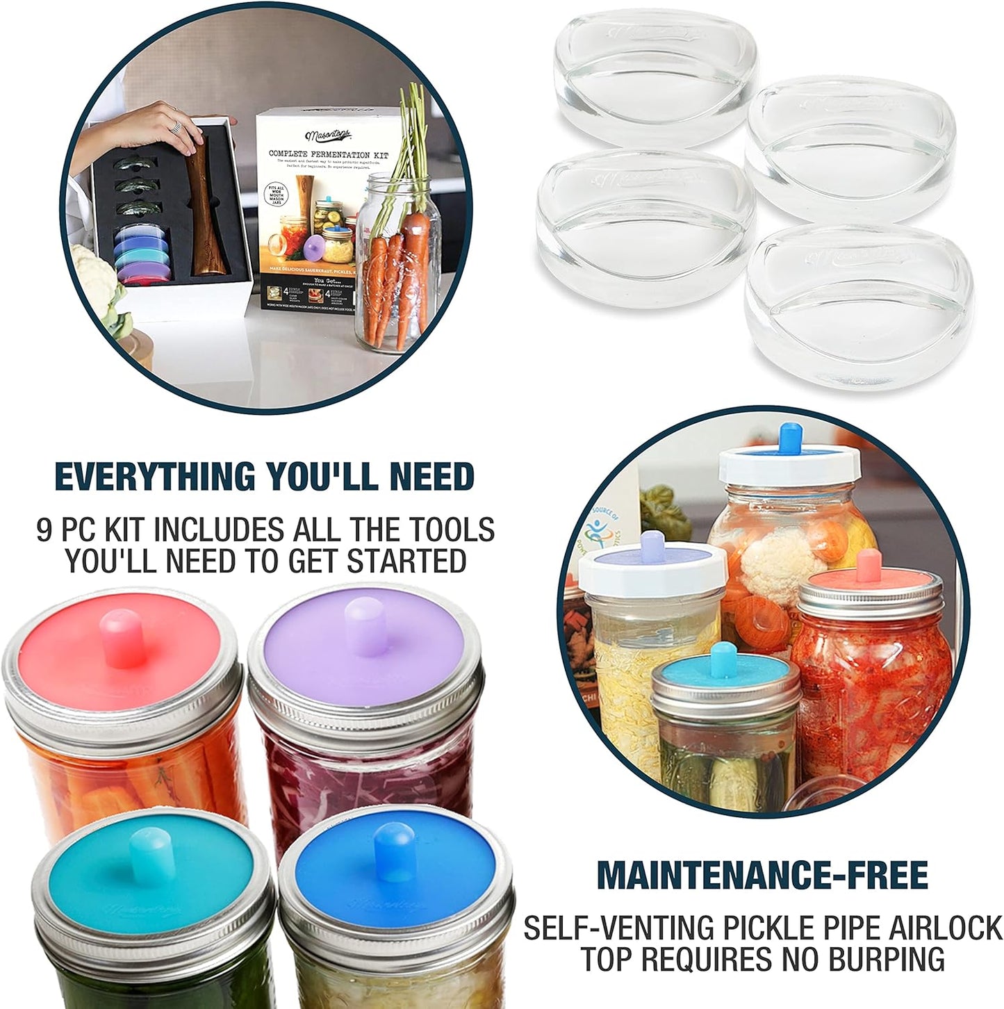 Masontops Complete Mason Jar Fermentation Kit - Easy Small/Regular Mouth Jars Vegetable Fermenting Set - DIY Equipment Essentials
