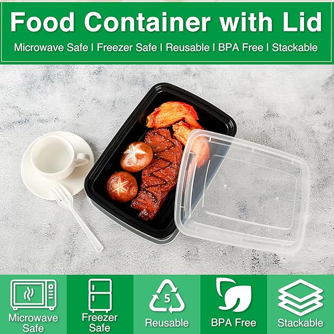 Meal Prep Containers Reusable 50 Pack-27 oz Food Storage Containers with Lids To Go Food Container Takeout, Microwave Dishwasher Freezer Safe, BPA Free, Plastic Containers (Black, Square)