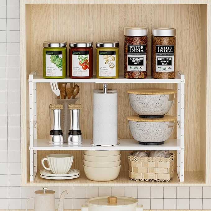 Cabinet Organizer Shelves,Adjustable Height Stackable Spice Racks for Cabinet,Pantry,Counter,Cupboard - 2 Packs of Kitchen Under Sink Expandable Storage Shelves,D:10.24" x W:16.5"-27.2",White