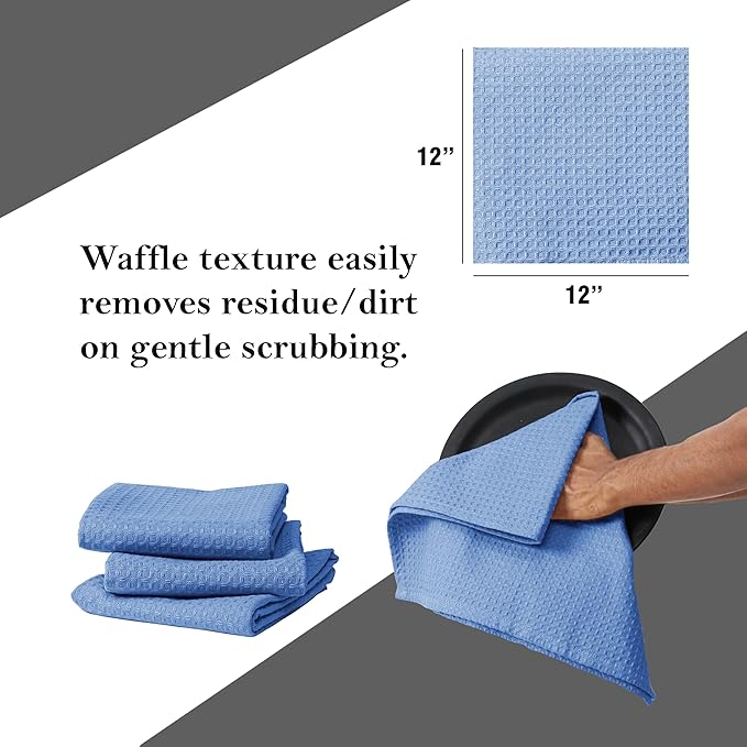 Sky Blue Waffle Dishcloths, 12x12 Inch, Absorbent, Durable, 100% Cotton, Soft, Quick Drying, Machine Washable, Perfect for Drying Dishes, Multipurpose Towels, Everyday Use, 12 Pack