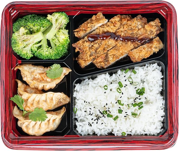 Restaurantware-Bento Tek 18.6 Ounce Meal Prep Containers, 100 Disposable To Go Food Boxes - Lids Sold Separately, 4 Compartments, Red And Black Plastic Bento Lunch Boxes, Freezable, For Take Out