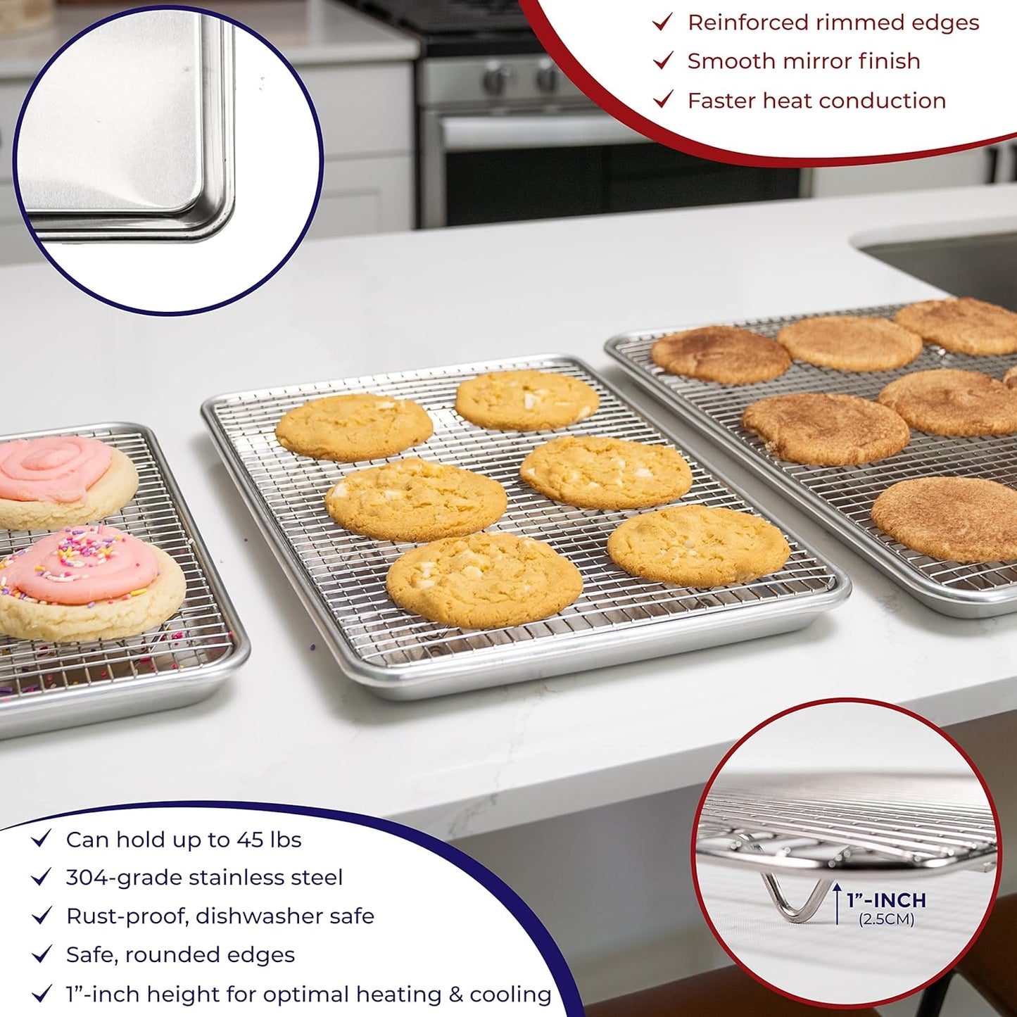 KITCHENATICS Aluminum Jelly Roll Pan 15x10 and Stainless Steel Rack Set, Baking Pan with Rack for Oven Cooking, Baking Sheet with Cooling Rack - Heavy Duty Sheet Pan and Bacon Rack