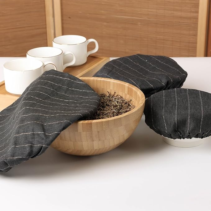 100% Linen Stripe Bowl Covers Reusable For Bread Proofing, 4 Pcs Elastic Cloth Fabric Bowl Covers, 5.9 * 7.9 * 9.8 * 11.8 Inches, Black