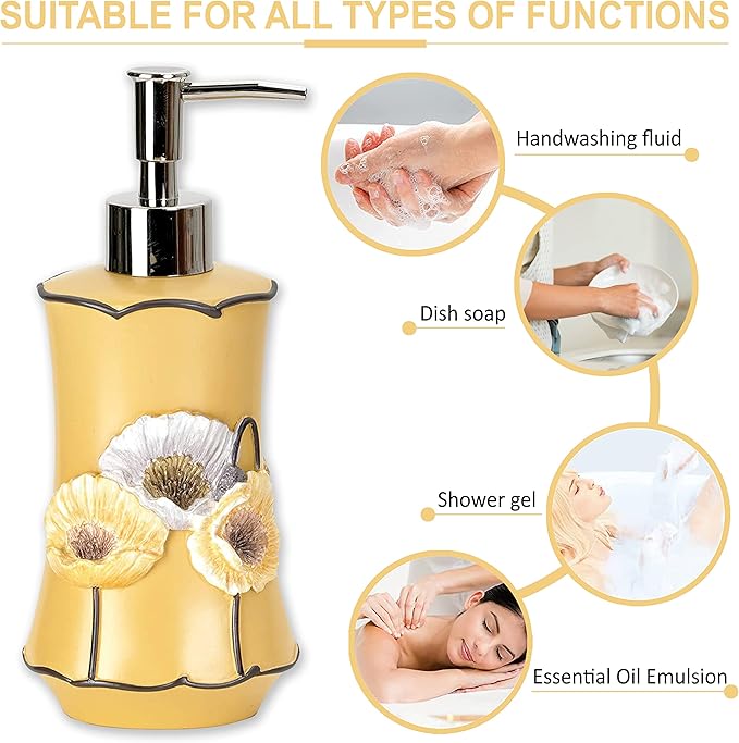 Zahari Home 4pc Poppy Fields Yellow Bathroom Accessories Set Hand Soap Dispenser, Tumbler, Tooth Brush Holder and Soap Dish Modern Contemporary Decor Complete Bathroom Sets with Shower Curtains