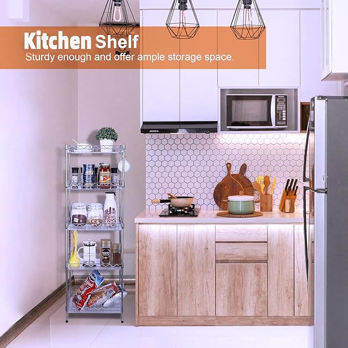 Storage Shelves, 5-Tier Wire Shelving Unit with Baskets Storage Rack Corner Shelf Shelving Adjustable Storage Shelf, 11.8" D x 15.7" W x 62.99" H,Silver