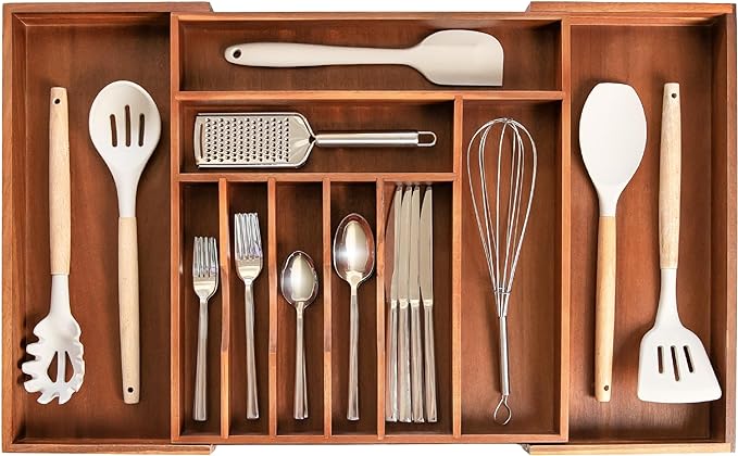 Premium Silverware, Flatware and Utensil Organizer for Kitchen Drawers, Food-Safe Contract Grade, Expandable from 16 to 28 In, Natural Acacia