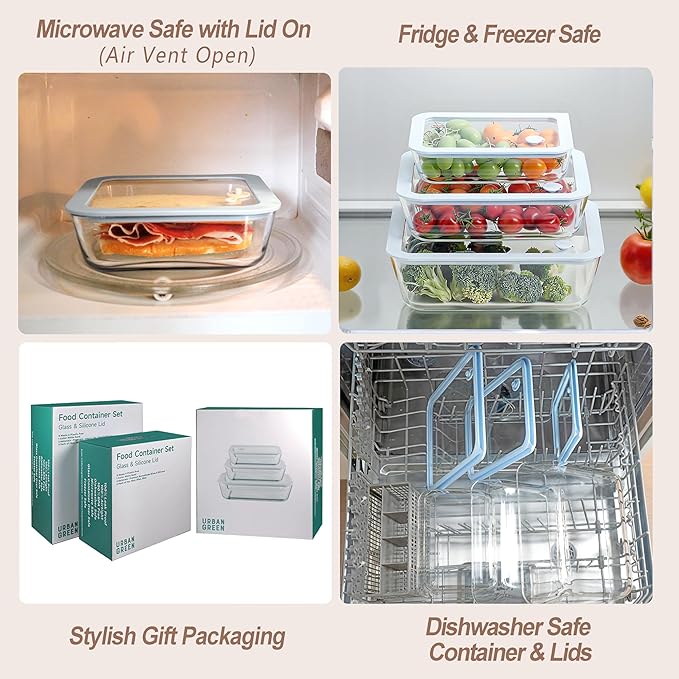 Urban Green Glass Food Container Set with Silicone Glass Lid, 3 Pack, Airtight, LeakProof, 100% Plastic Free, Meal Prep Food Storage Containers