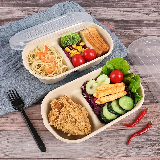 28 oz Disposable bowls with lids, 2 Compartments Sugarcane Fiber Food Container, Food Storage, 50 Pack