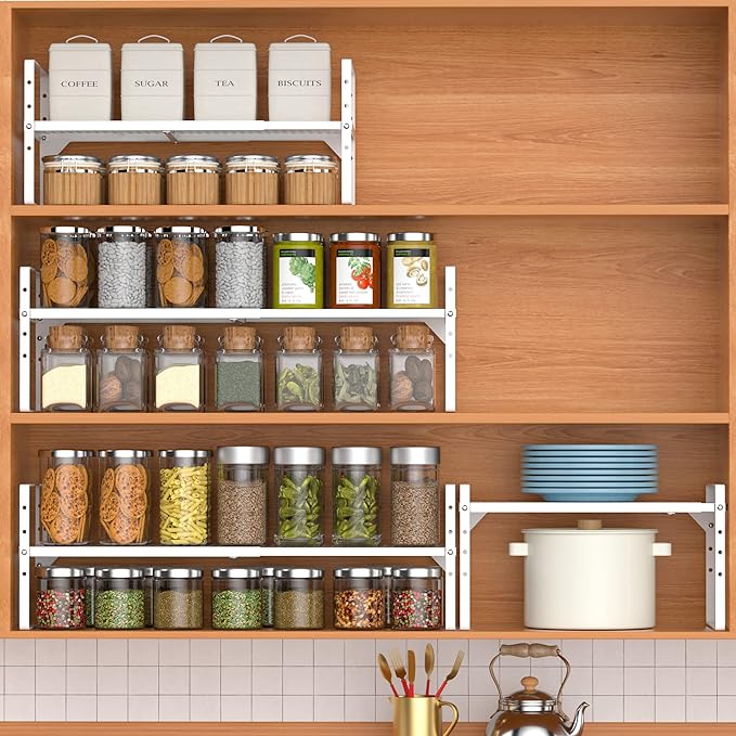 Redrubbit Large Expandable Cabinet Storage Shelf, Adjustable Height Steel Metal Kitchen Counter Organizers Shelves Spice Rack for Kitchen Pantry Bathroom Cupboard Desk Home Office, White-3 Pack
