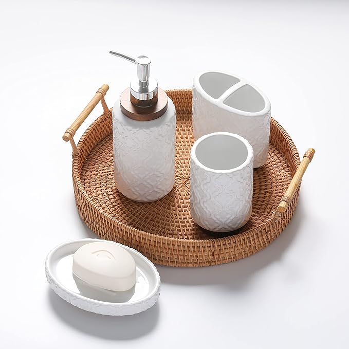 Bathroom Accessories Set 4 Pcs Toothbrush Holder Soap Dispenser Ceramic and Wood Bathroom Decor Set Contain Toothbrush Cup Soap Dish Tumbler White