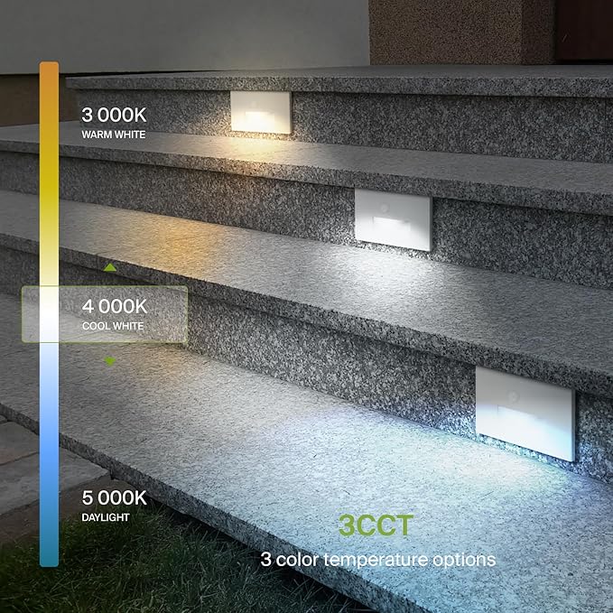 ASD LED Recessed Step Light Fixture, Outdoor & Indoor Stair Tread Lighting | 3CCT, Motion Sensor, Waterproof, ETL Listed | 3W 120LM 3000K-5000K 120V | Staircase Hardwired Illumination | White, 4 Pack