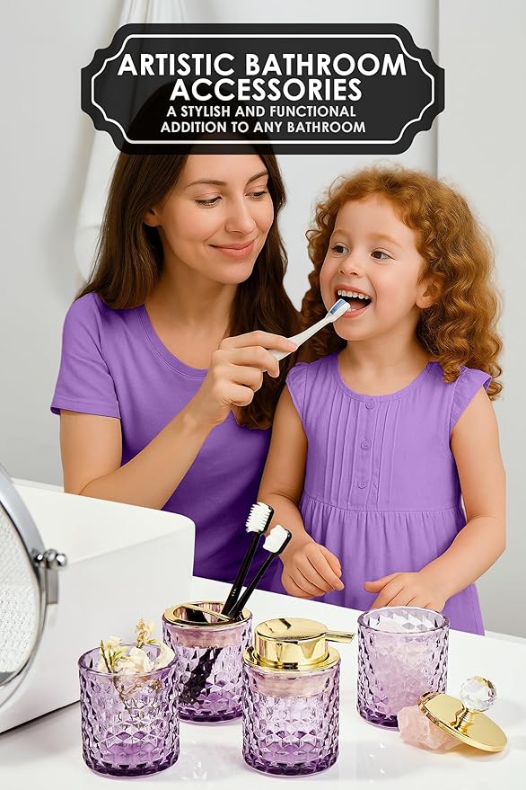 Purple Bathroom Accessories, 4Pcs Purple Bathroom Accessory Set Complete, Toothbrush Holder Set, Soap Dispenser, Qtip Holder, Tumbler, Perfect for Bathroom Decor and Vanit