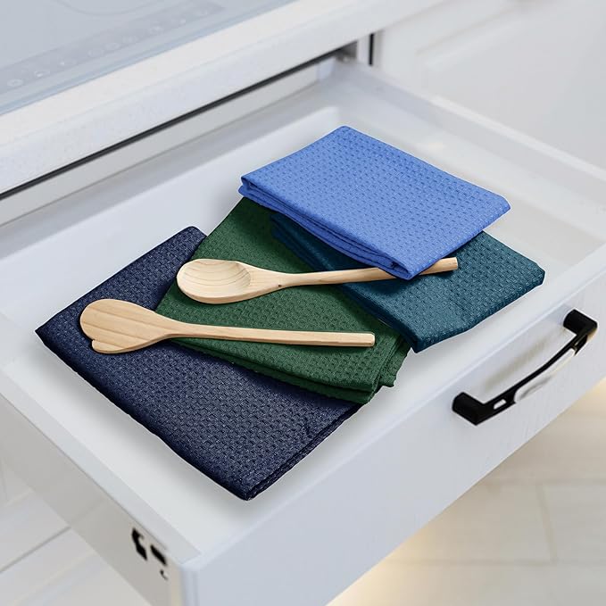 Multicolor Waffle Kitchen Towels, 16"x26", Soft, Absorbent, Durable, Fast Drying, Reusable, 100% Cotton, Ideal for Cleaning, Drying Dishes, Set of 4, Teal, Olive Green, Navy, Sky Blue