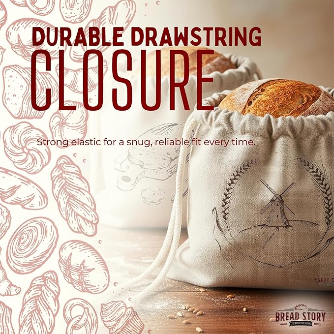 Linen Bread Bag – Reusable Linen Bags for Homemade Bread & Sourdough | Cloth Bags for Sourdough, Artisan Loaves, & Pastries | Unbleached Natural Fabric with Drawstring Closure, 2-Pack, 11 x 15"