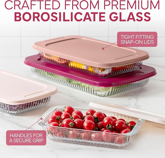 COOK WITH COLOR 8-Piece Deep Glass Baking Dish Set with Plastic Lids – Casserole and Food Storage Containers for Lasagna, Leftovers – Freezer-to-Oven, Microwave & Dishwasher Safe, Fluted Rose