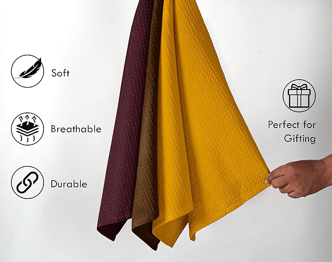 Waffle Dishcloths 12x12 Inches, 12 Pack, Absorbent, Soft, Durable, Reusable, Quick Drying, Machine Washable, 100% Cotton, Ideal for Drying Dishes, Cleaning, Burgundy, Brown, Yellow