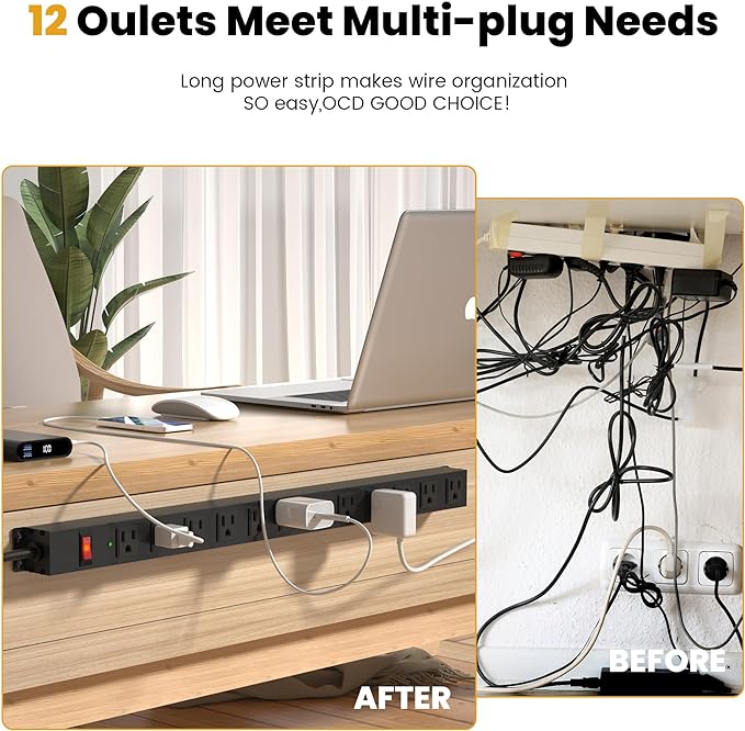 12 Outlet Long Power Strip Surge Protector with 2100 Joules, 3FT Power Cord, Wide Spaced Outlet Power Bar, Overload Protection Switch, Industrial Heavy Duty for Work Bench, Shop, Garage (Black)