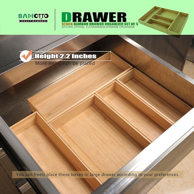 Stack Bamboo Drawer Organizer Set of 5, Kitchen Utensil, Flatware&Silverware Organizer-Wood Laminated Stackable for Kitchen, Bedroom, 13.4''x4.5''*2+10.2''x3.3''*2+10.2''x6.7''*1