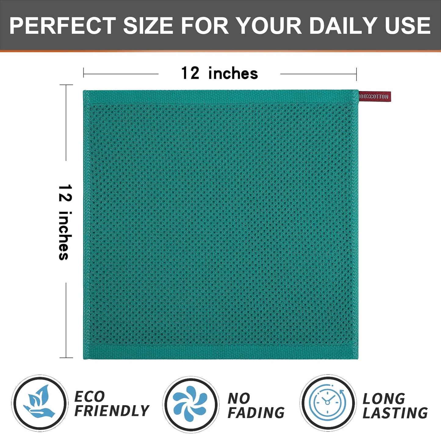 Kitinjoy 100% Cotton Kitchen Dish Cloths, 6 Pack Waffle Weave Ultra Soft Absorbent Dish Towels for Drying Dishes Quick Drying Kitchen Towels Dish Rags, 12 X 12 Inches, Teal