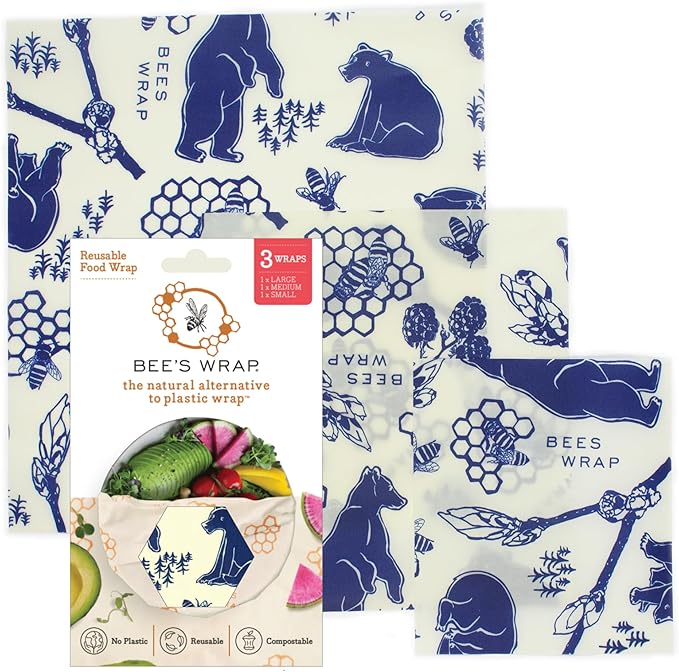 Bee's Wrap Beeswax Wraps for Food - Bees + Bears 3 Pack (S, M, L) Made in USA Reusable & Organic Food Wraps, Sandwich Wrap & Bowl Covers - Eco-Friendly Alternative to Aluminum Foil & Plastic Wrap