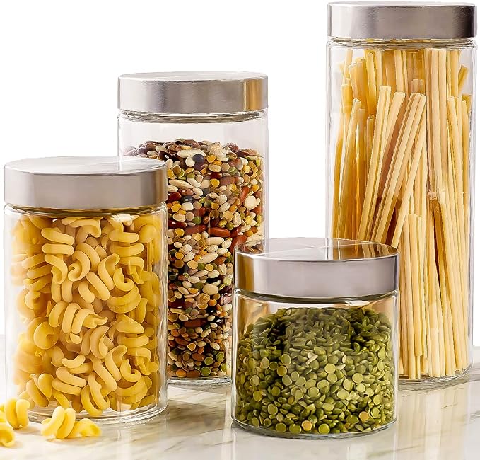 4pc Canister Sets for Kitchen Counter or Bathroom + Labels & Marker, Glass Cookie Jars with Airtight Lids - Food Storage Containers with Lids Airtight for Pantry - Flour, Sugar, Coffee, Cookies, etc.