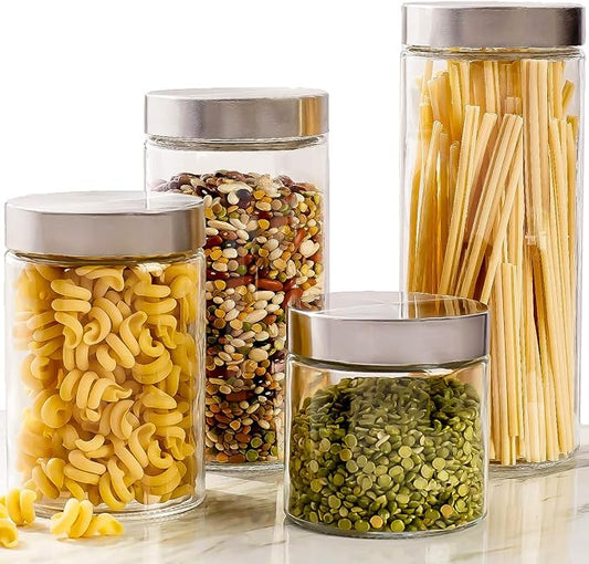 4pc Canister Sets for Kitchen Counter or Bathroom + Labels & Marker, Glass Cookie Jars with Airtight Lids - Food Storage Containers with Lids Airtight for Pantry - Flour, Sugar, Coffee, Cookies, etc.