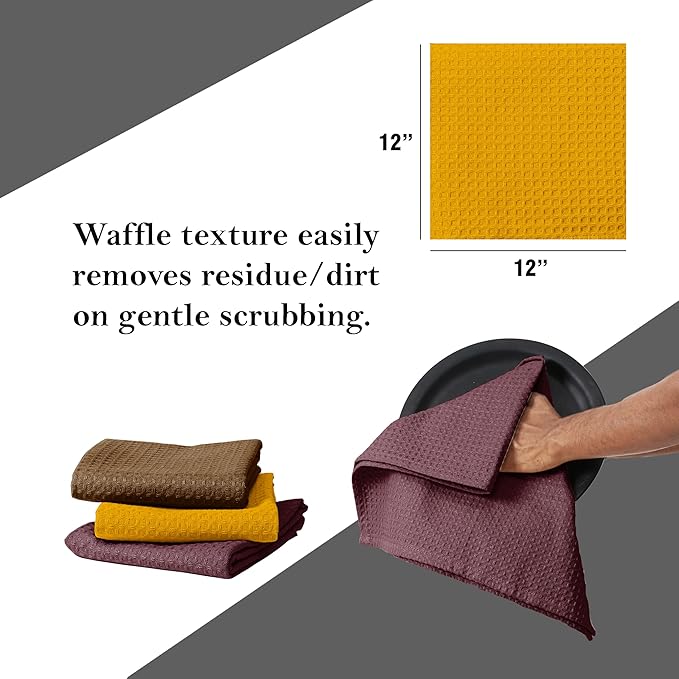 Waffle Dishcloths 12x12 Inches, 12 Pack, Absorbent, Soft, Durable, Reusable, Quick Drying, Machine Washable, 100% Cotton, Ideal for Drying Dishes, Cleaning, Burgundy, Brown, Yellow