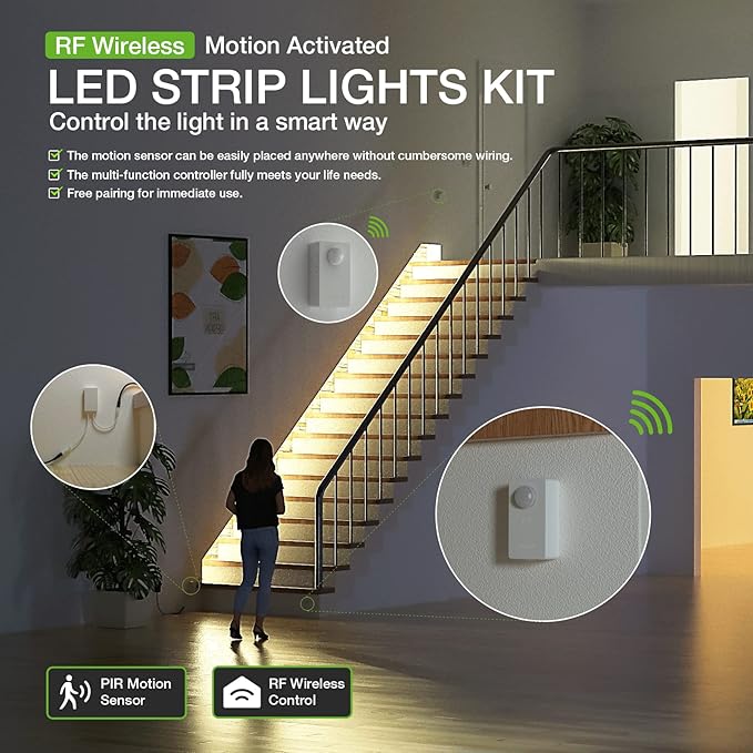 Wireless Motion Activated LED Strip Lights,19.7FT LED Strip Lights with Power Adapter,RF Wireless Motion Sensor Control Dimmer,Timing,Warm White (1×Controller+2×Motion Sensor)