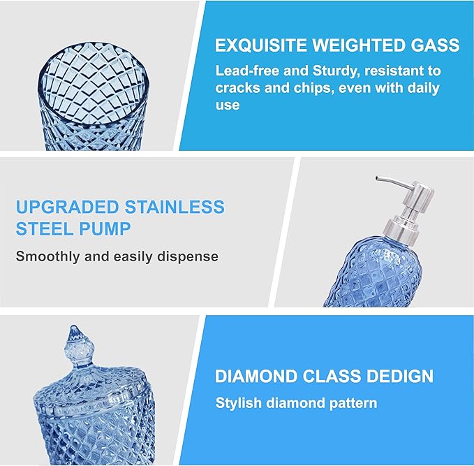 Blue Bathroom Accessories Set, 4Pcs Clear Glass Bathroom Accessory Set, Lotion Soap Dispenser, Toothbrush Holder Set, Soap Dish, Qtip Holder for Vintage Crystal Bath Decor, Light Blue