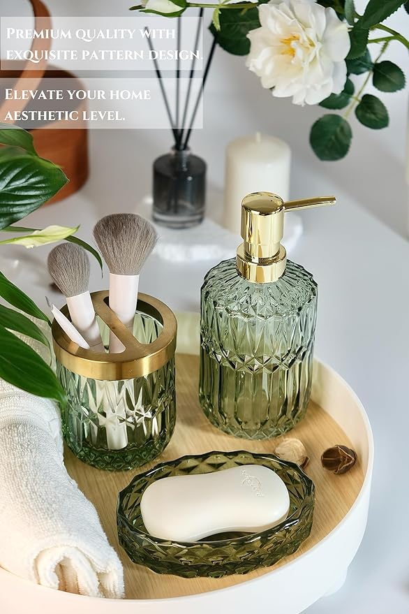4pcs Green Bathroom Accessories Set, Crystal Glass Bathroom Accessories, Lotion Soap Dispenser, Toothbrush Holder, Soap Dish, Qtips Holder Set for Vintage Bathroom Countertop Decor