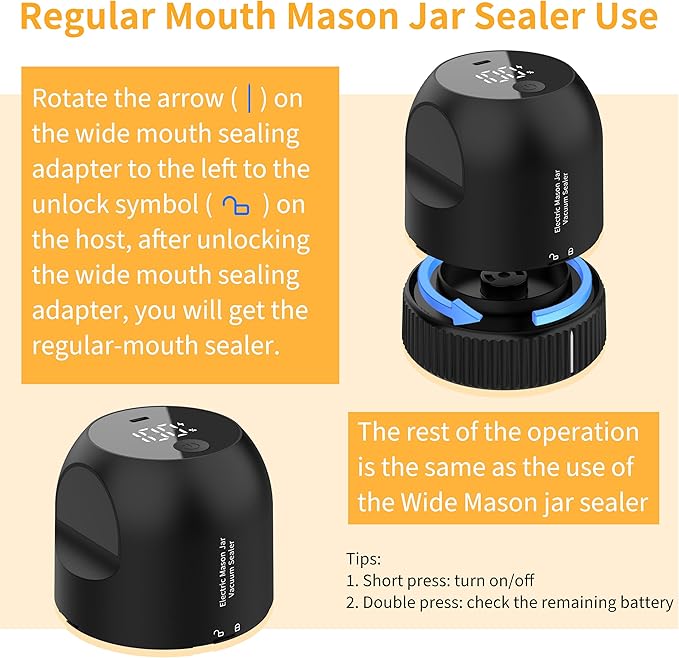 Mason Jar Vacuum Sealer Kit, 3 in 1 Auto Stop Electric Jar Vacuum Sealer for Mason Jars for Wide & Regular Mouth Mason Jars & Sous Vide Bags, Portable Compact Vacuum Seal for Jar Food Storage Black