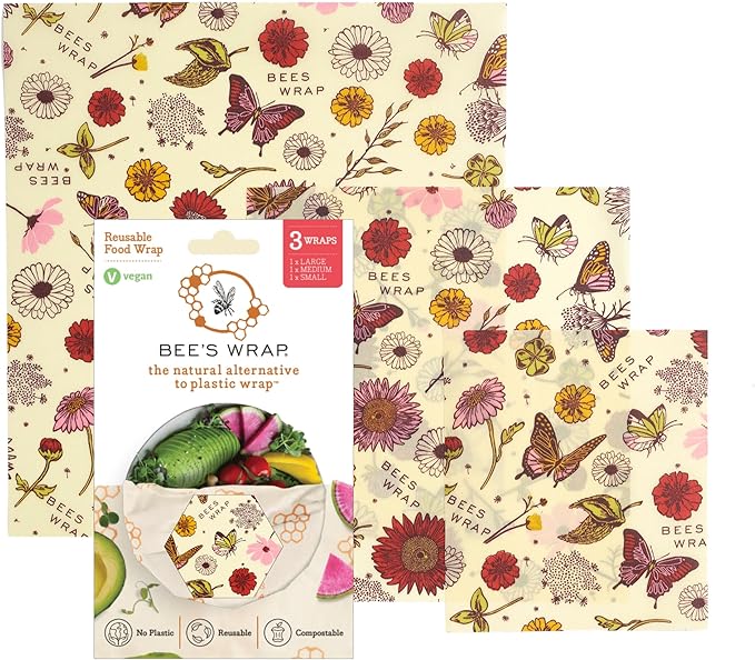 Bee's Wrap Vegan Beeswax Wraps for Food - Vegan Meadow Magic 3 Pack (S, M, L) Made in USA Reusable & Organic Food Wraps, Sandwich Wrap & Bowl Covers - Eco Alternative to Aluminum Foil & Plastic Wrap