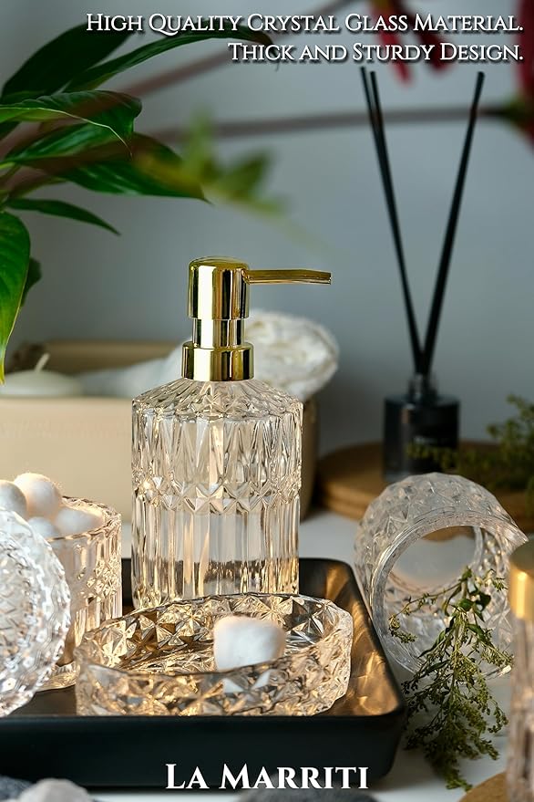 Glass Bathroom Accessories Set, 5pcs Crystal Clear Bathroom Accessories, Toothbrush Holder Set, Lotion Dispenser, Soap Dish, Tumbler, Qtips Holder, Vintage Bathroom Decor