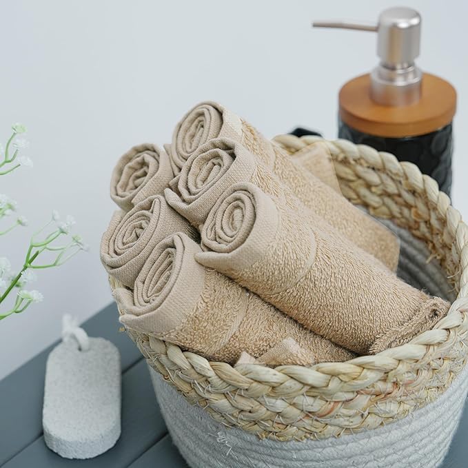 Tens Towels Pack of 60 Washcloths, 12 x 12 Inches, Lighter Weight, Quick to Dry, Super Soft & Absorbent, Gentle Face Towels, Hotel Quality, Perfect for Bathroom, Gym, Spa (Beige, 60 Pack)