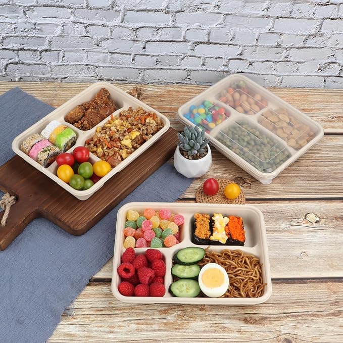 Sugarcane Fiber 23 oz 4 Compartments disposable plates with Lids Bagasse Plant Fibers Freezer Safe 50 PACK