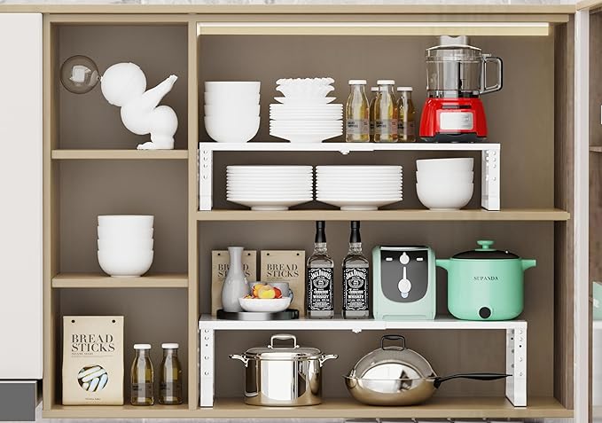 Expandable Stackable Spice Rack Organizer for Kitchen Cabinet,Adjustable Counter Shelf, countertop, Pantry,Cupboard,Bathroom,Bedroom(3Packs/White/Medium)