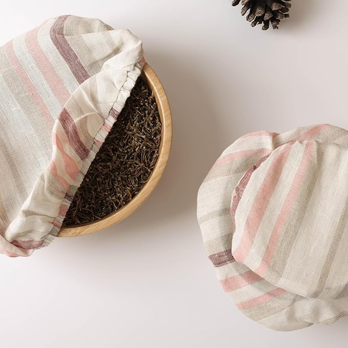 100% Linen Bowl Covers Reusable For Bread Proofing, 4 Pcs Elastic Cloth Fabric Colorful Stripe Bowl Covers, 5.9 * 7.9 * 9.8 * 11.8 Inches, Colorful 3