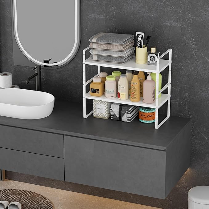 Cabinet Organizer Shelves,Expandable Cabinet Spice Racks,Stackable Shelves,Adjustable Storage Shelves for Kitchen Pantry Countertop Cupboards Bathroom,White,D:8.07",2 Packs