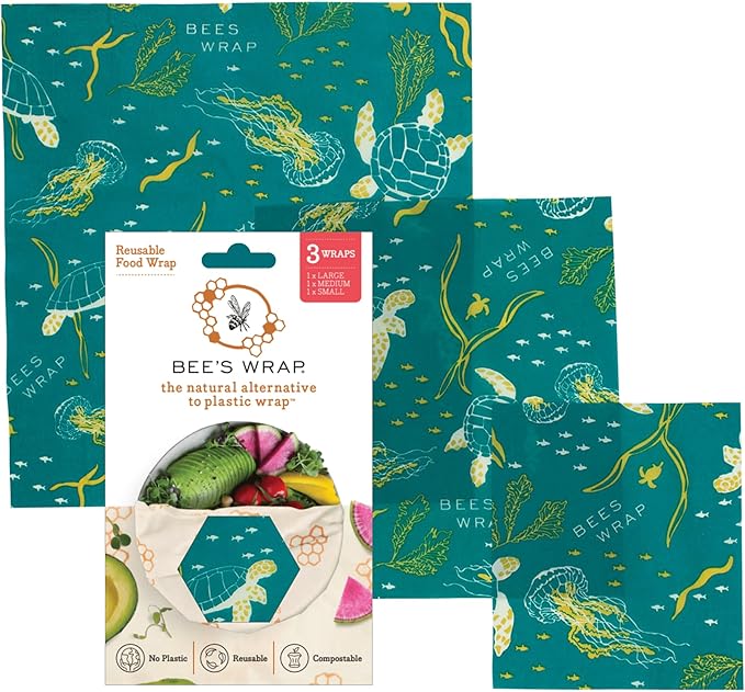 Bee's Wrap Beeswax Wraps for Food - Ocean 3 Pack (S, M, L) Made in USA Reusable & Organic Food Wraps, Sandwich Wrap & Bowl Covers - Eco-Friendly Alternative to Aluminum Foil & Plastic Wrap