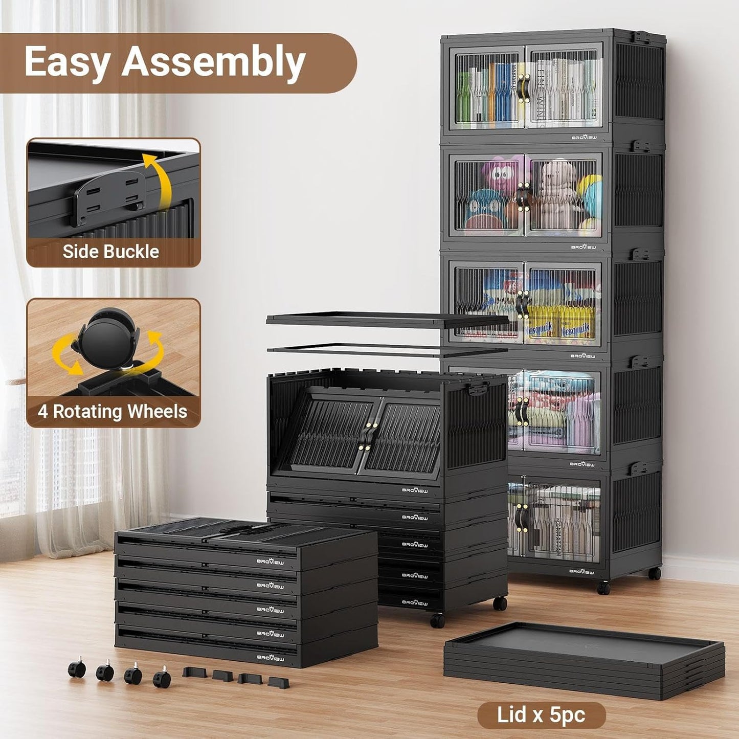 600Qt Stackable Storage Bins with 5 Lids, Extra Large Closet Organizer Collapsible Drawer Boxes with Wheels, Folding Plastic Cabinet Containers for Home Kitchen Room Organization, 5Pack Black