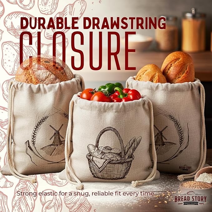 Linen Bread Bag – Reusable Linen Bags for Homemade Bread & Sourdough | Cloth Bags for Sourdough, Artisan Loaves, & Pastries | Unbleached Natural Fabric with Drawstring Closure, 3-Pack, 11 x 15"