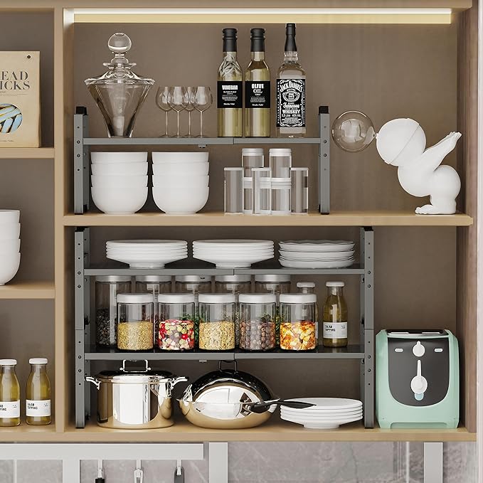 Expandable Shelf for Cabinet Organizer Adjustable Stackable Spice Rack at Kitchen and Bathroom More, Counter Countertop Cupboard Organization Pantry Storage (2 Packs/Gun-Grey, Medium)