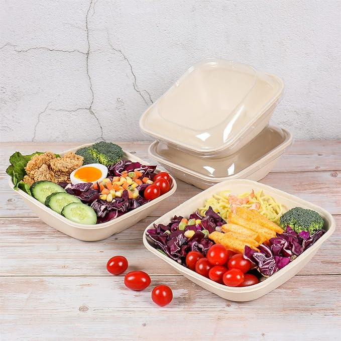 30 oz Disposable salad bowls with lids, Sugarcane Fiber Paper Bowls take away Bagasse food containers meal prep deli container 50 Pack