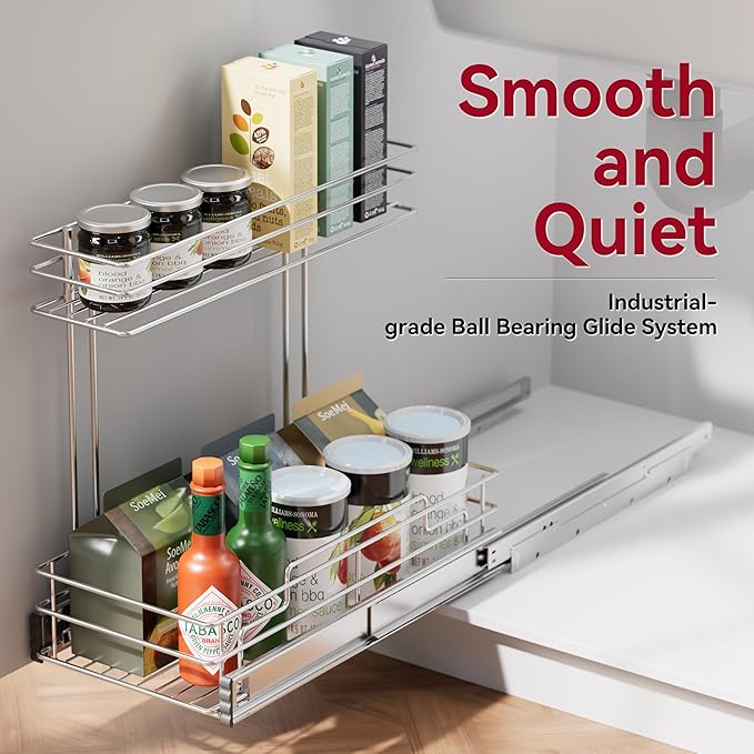 Under Sink Organizer 9"W X17"D, Pull Out Cabinet Organizer 2 Tier, Under Sink Slide Out Chrome Plated, Under Kitchen Bathroom Sink Organizer, Pantry Cabinet Closet Organization Rack, 2 Pack