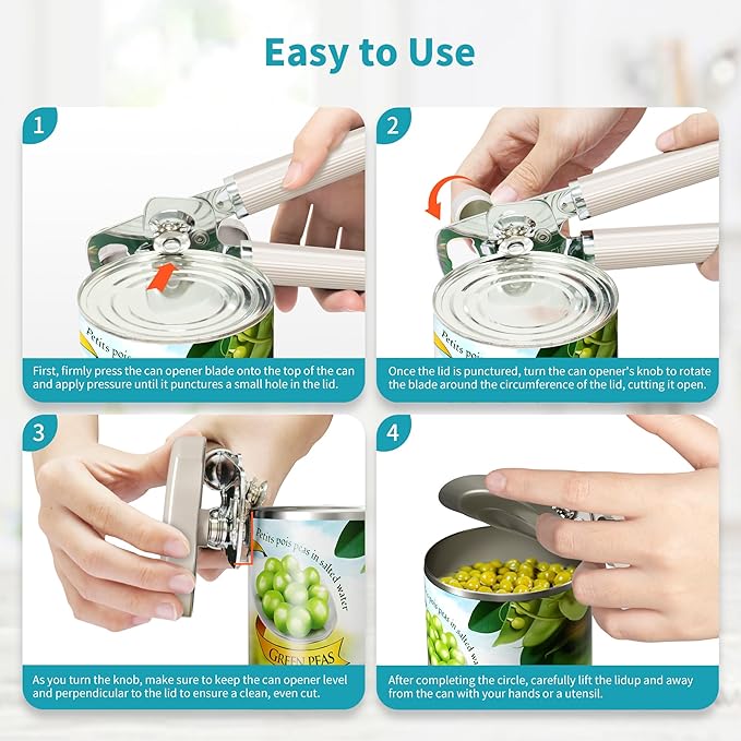 Ultrean Manual Can Opener Bottle Opener, Heavy Duty Stainless Steel Smooth Edge Manual Hand Held Can Opener With Soft Touch Handle, Rust Proof Oversized Handheld Easy Turn Knob (Apricot Yellow)
