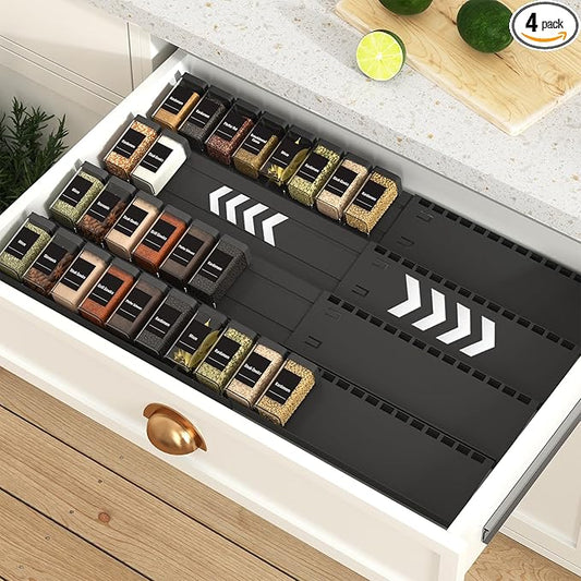 4-Tier Spice Drawer Organizer - 4 Pack Expandable Seasoning Rack (13" to 24.4") for Kitchen Drawers, Organization Insert Tray (Jars Not Included)