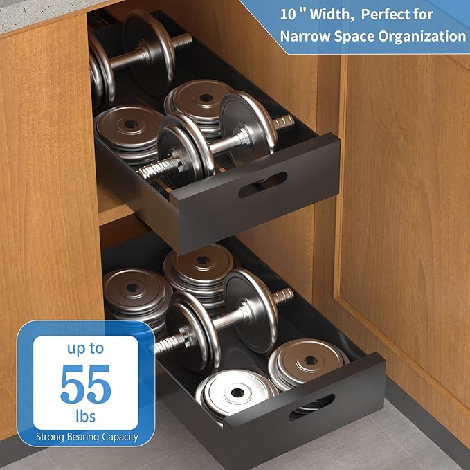 HBL' 2 Pack | 16.9" Deep Pull Out Cabinet Organizer Adhesive, 10-Inch Wide Sturdy Carbon Steel Roll-Out Drawers for Face Frame or Frameless Cabinets, Slide-Out Shelves for Pantry.