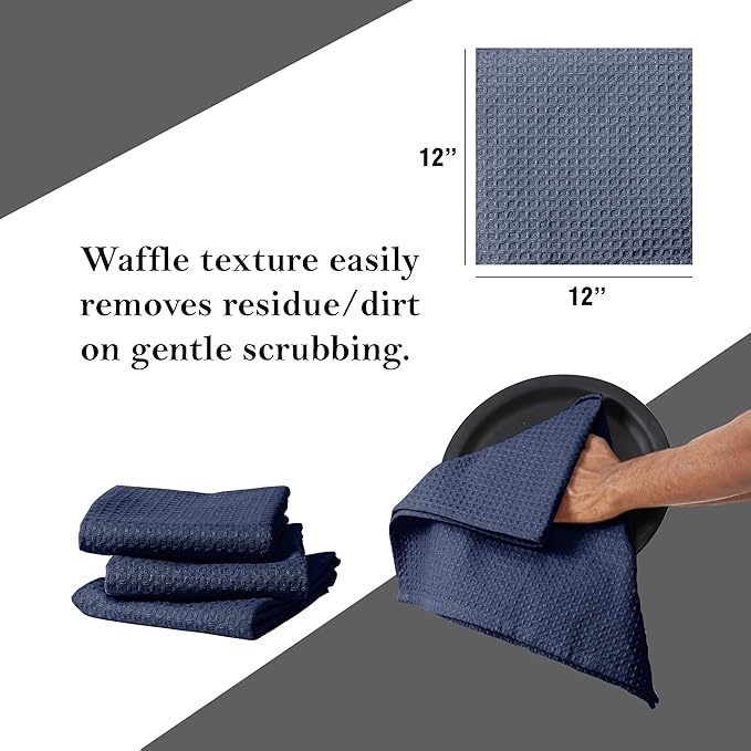Navy Waffle Dishcloths, 12"x12", Soft, Absorbent, Durable, Quick Drying, 100% Cotton, Reusable, Machine Washable, Ideal for Cleaning, Multipurpose Dish Towels, Set of 12