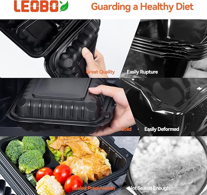 Takeout Container Mineral Filled PP Plastic - 7.8 Inch 30oz 65 Pack BPA Free 3 Compartments Shrink Wrap Bento Box | Freezer & Microwave Safe for Picnic | Black Reusable & Disposable Containers