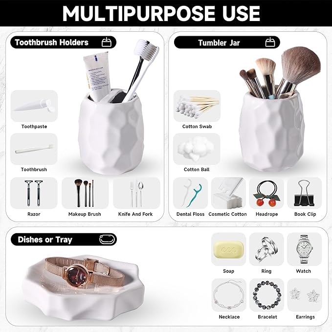 Ceramic Bathroom Accessories Set 4 PCS,Modern Bathroom Accessory Set,Include Toothbrush Holder,Soap Dispenser, Tumbler,Vanity Tray,Bathroom Sets Decor Organizer with Soap Dish,Apothecary Jar (White)